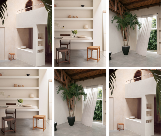 Vier foto's van een modern, minimalistisch interieur met natuurlijke kleuren en materialen, inclusief planten, houten meubels en open ruimte.