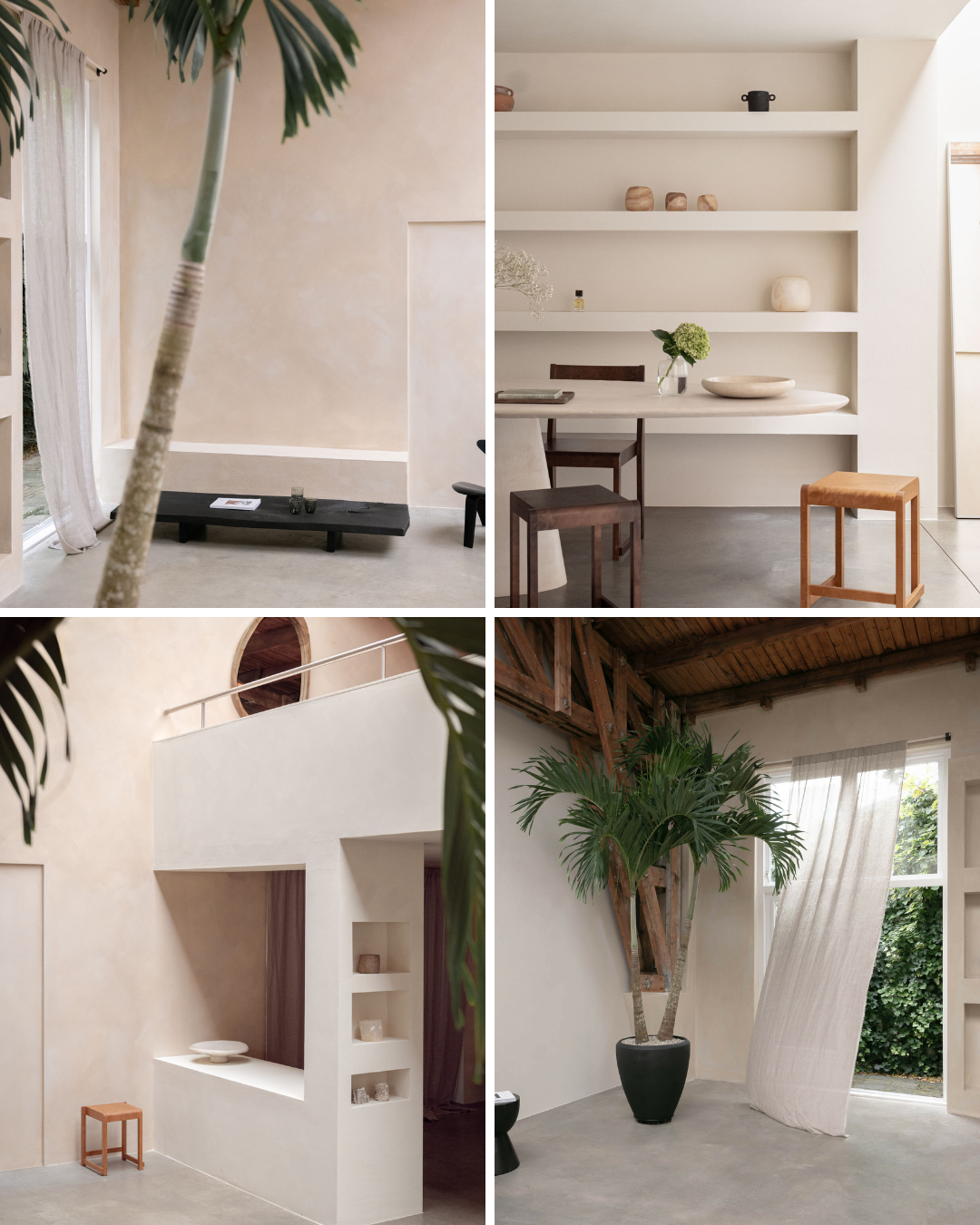 Vier foto's van een modern, minimalistisch interieur met natuurlijke kleuren en materialen, inclusief planten, houten meubels en open ruimte.