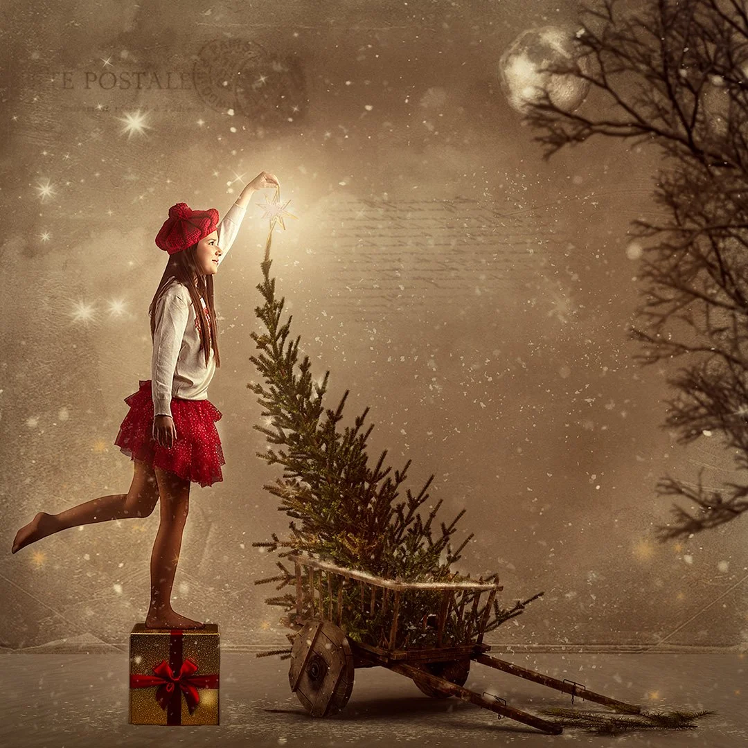 Niña con gorro y falda roja colocándose una estrella en la punta de un árbol de Navidad, con un regalo y una carretilla con más árbol, fondo con luna, estrellas y árboles.