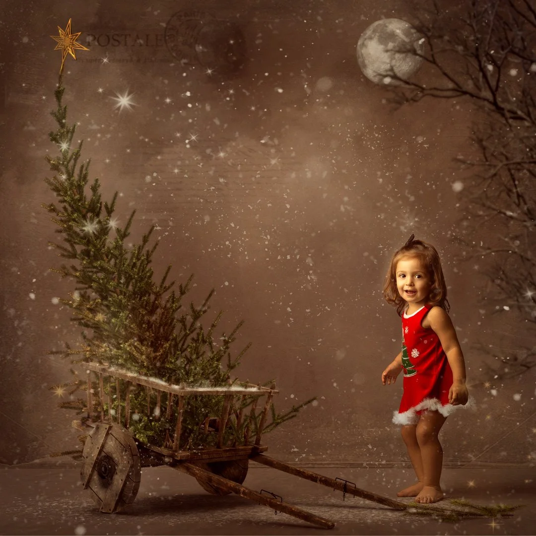 Niña pequeña con vestido navideño, junto a un trineo con árbol de Navidad, en una escena nocturna con luna y nieve.