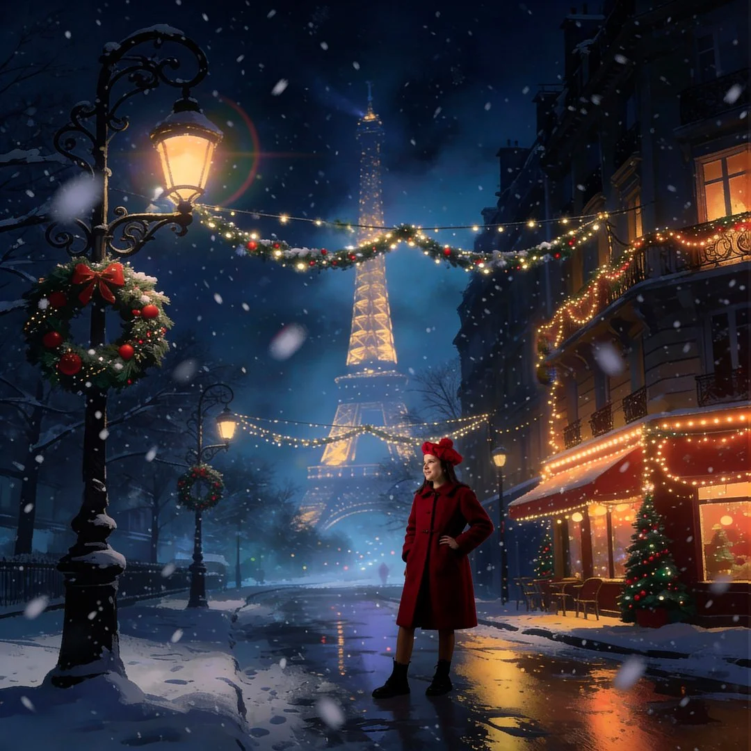 Una escena navideña en París con la Torre Eiffel iluminada al fondo, nieve cayendo, luces decorativas, un árbol de Navidad y una mujer con abrigo rojo y gorro en una calle iluminada con luces y adornos.