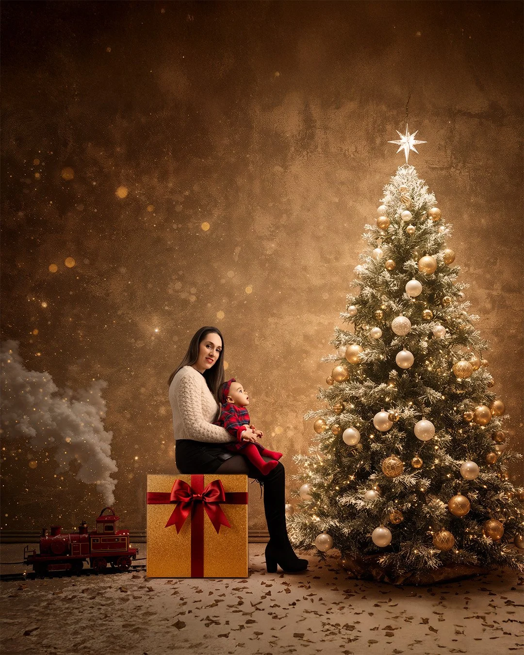 Mujer y niña sentadas junto a un árbol de Navidad decorado con bolas doradas y blancas, rodeados de regalos y un tren en miniatura en un fondo dorado con destellos.