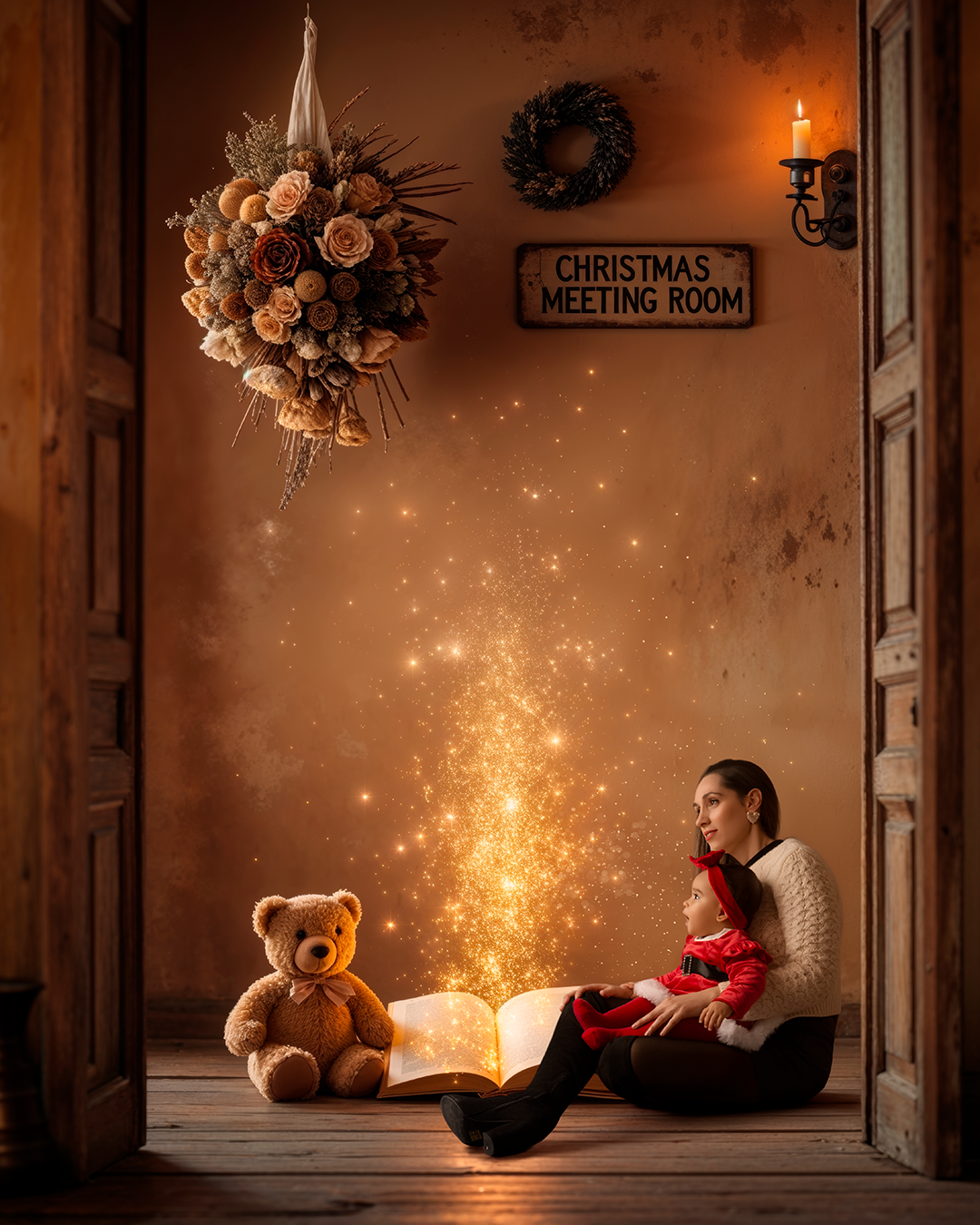Una mujer y una niña en un entorno cálido y decorado con motivos navideños, sentadas junto a un libro abierto con chispas doradas emergiendo, una tocando el libro y la otra con un oso de peluche, en un espacio que parece un pasillo o puerta decorada 