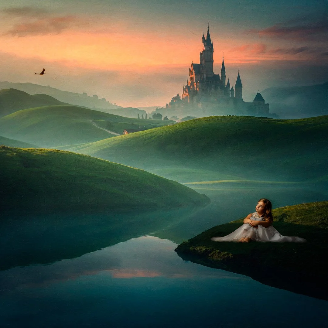Un castillo en la cima de una colina rodeada de colinas verdes y un lago, con una niña con vestido blanco sentado en la orilla del lago. El cielo está nublado y en tonos rosados, con un ave volando.