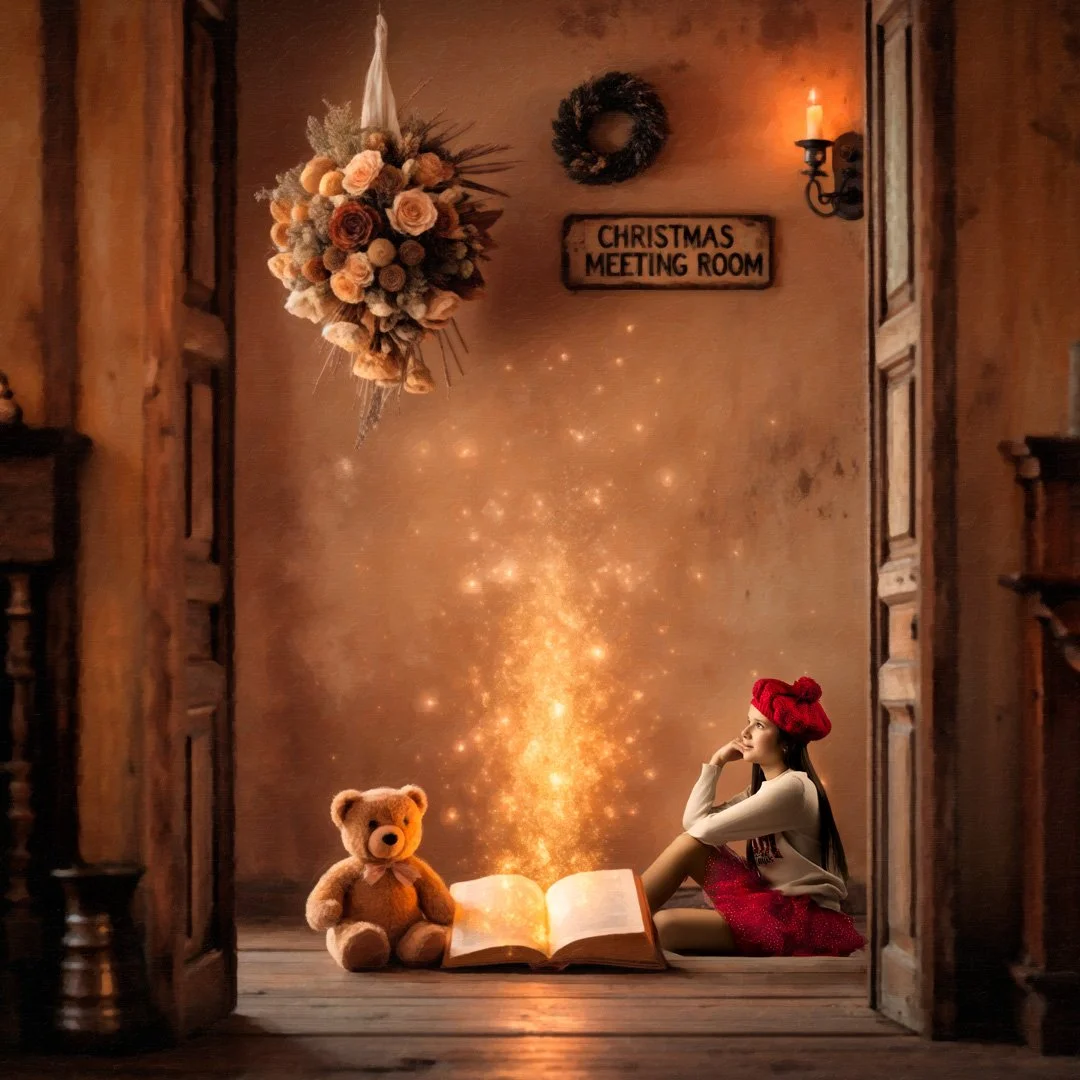 Una habitación decorada con temática navideña, con una letrina, una puerta de madera y una lámpara de pared. En el suelo, una niña con gorro rojo, un oso de peluche y un libro abierto emiten una luz dorada y chispas mágicas, con un letrero que dice '