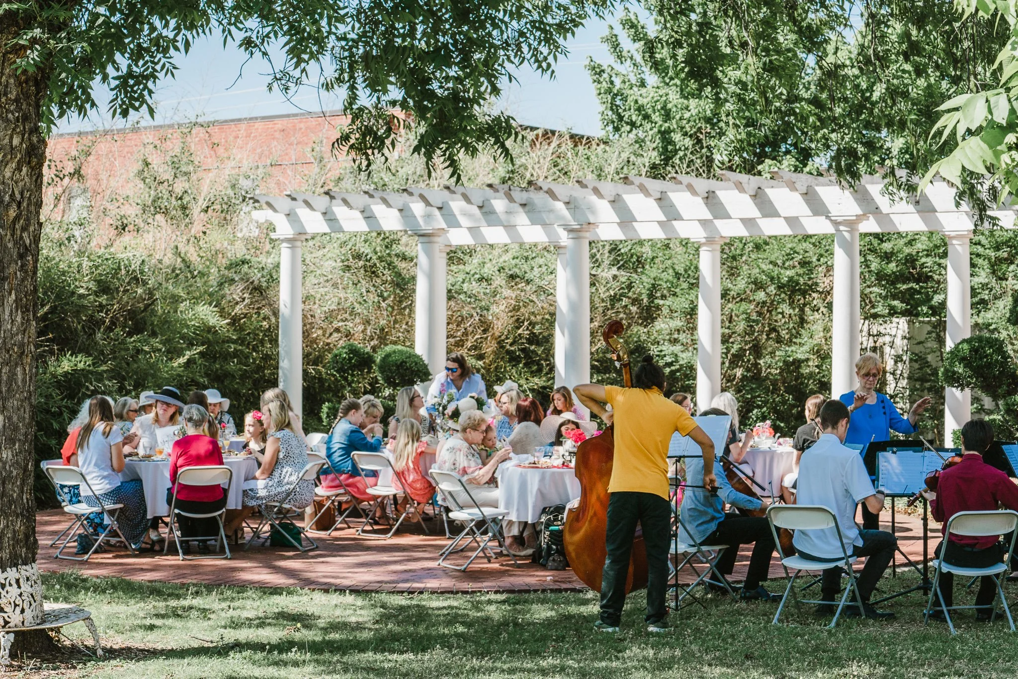 People dining outdoors under a white pergola, with a live jazz band playing music.