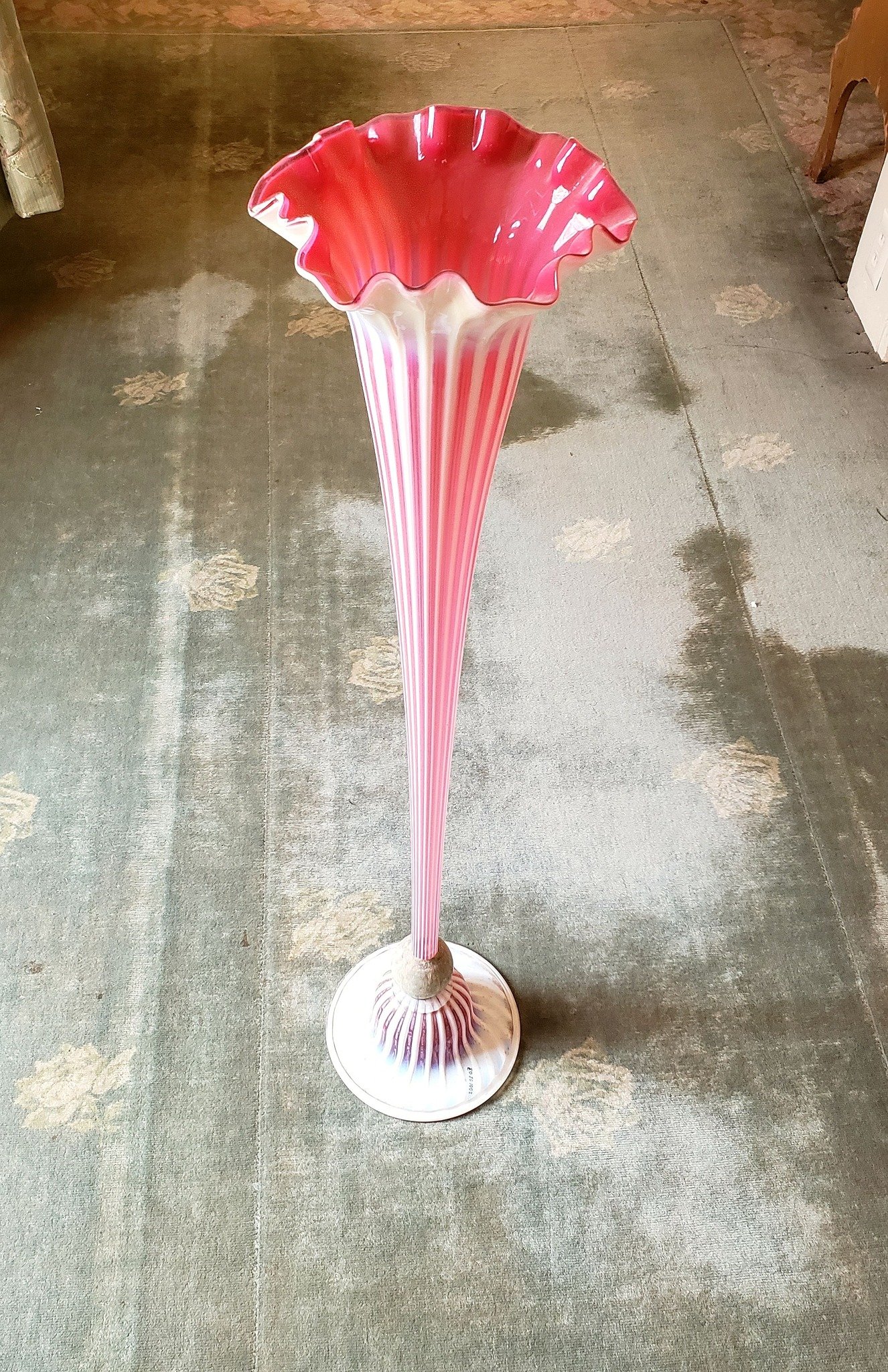 Cranberry Opalescent Art Glass Floor Vase