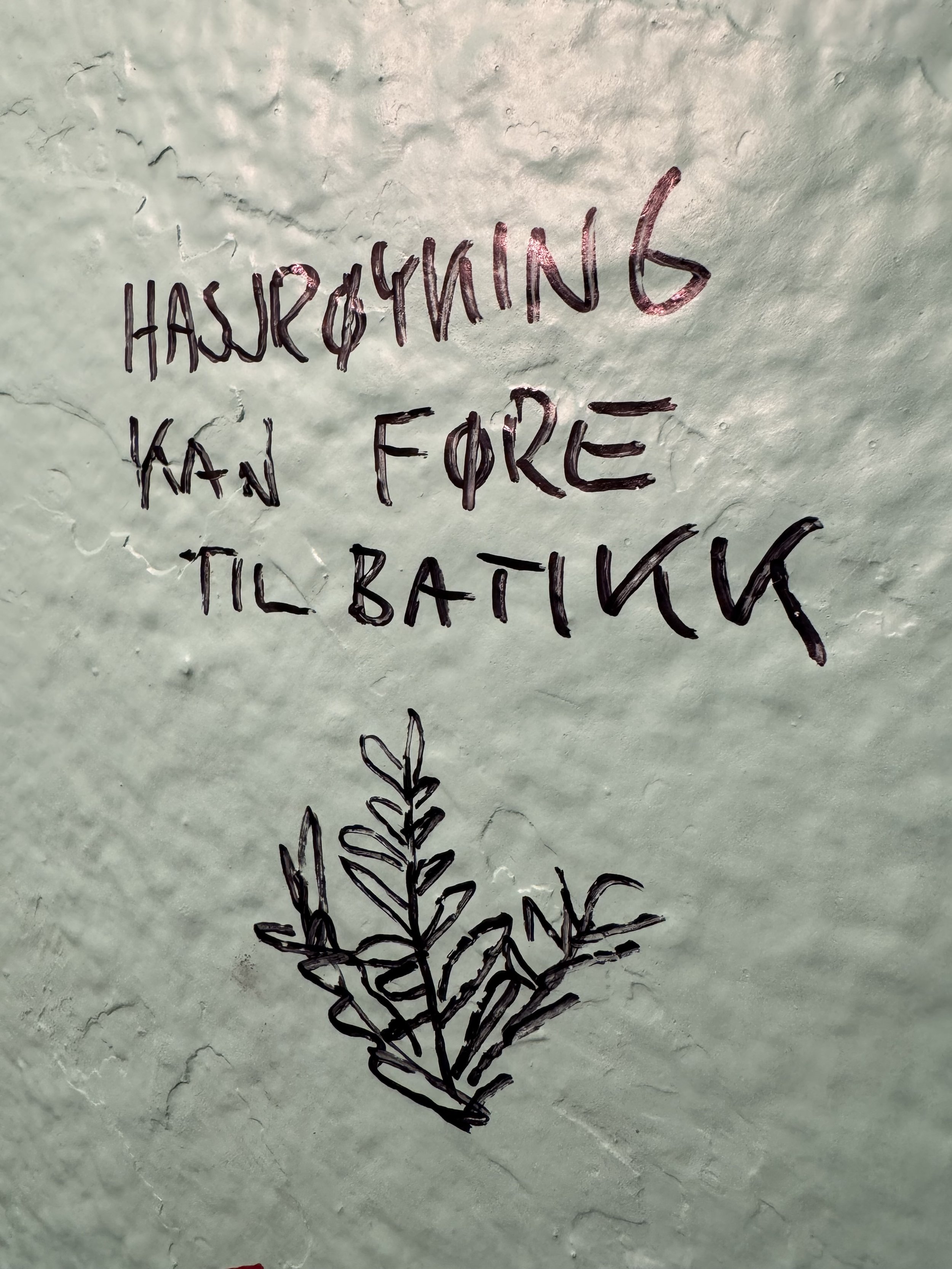 Handwritten note on a wall that says 'HUSAROYING KAN FORCE 'TIL BATING' with a drawing of a branch or leaf beneath it.