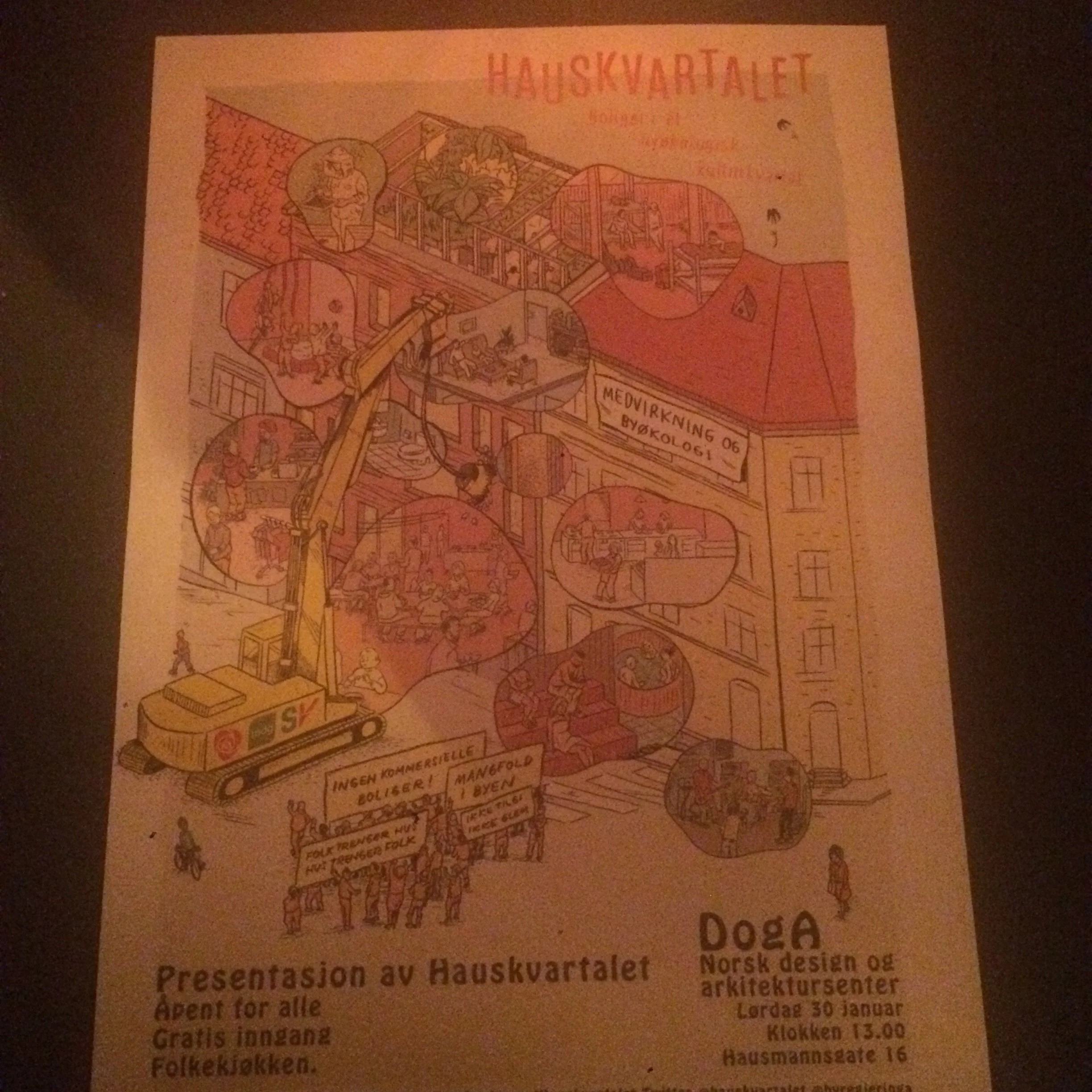 A detailed illustration of a building with multiple floors and various indoor scenes depicted inside circular bubbles, along with a large construction vehicle and people holding signs at the bottom. The text on the image is in Norwegian, mentioning a