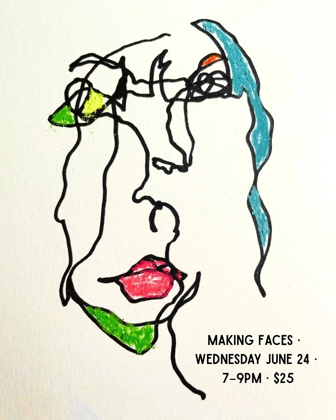 Two new adult nights landing in June! 

Making Faces is a process art spin on the portrait party &mdash; no skill needed, no precious outcomes. Just mark-making, good company, and sparkling water. Facilitated by Jamie Rapp. Wednesday June 24, 7&ndash
