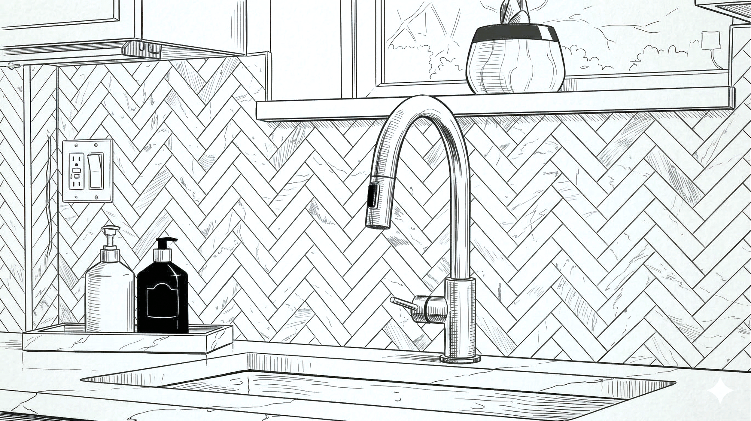 A black and white line drawing of a kitchen sink area. Features include a modern faucet, a soap dispenser, a bottle of dish soap, a bottle of hand soap, a window, and a backsplash with a herringbone tile pattern.
