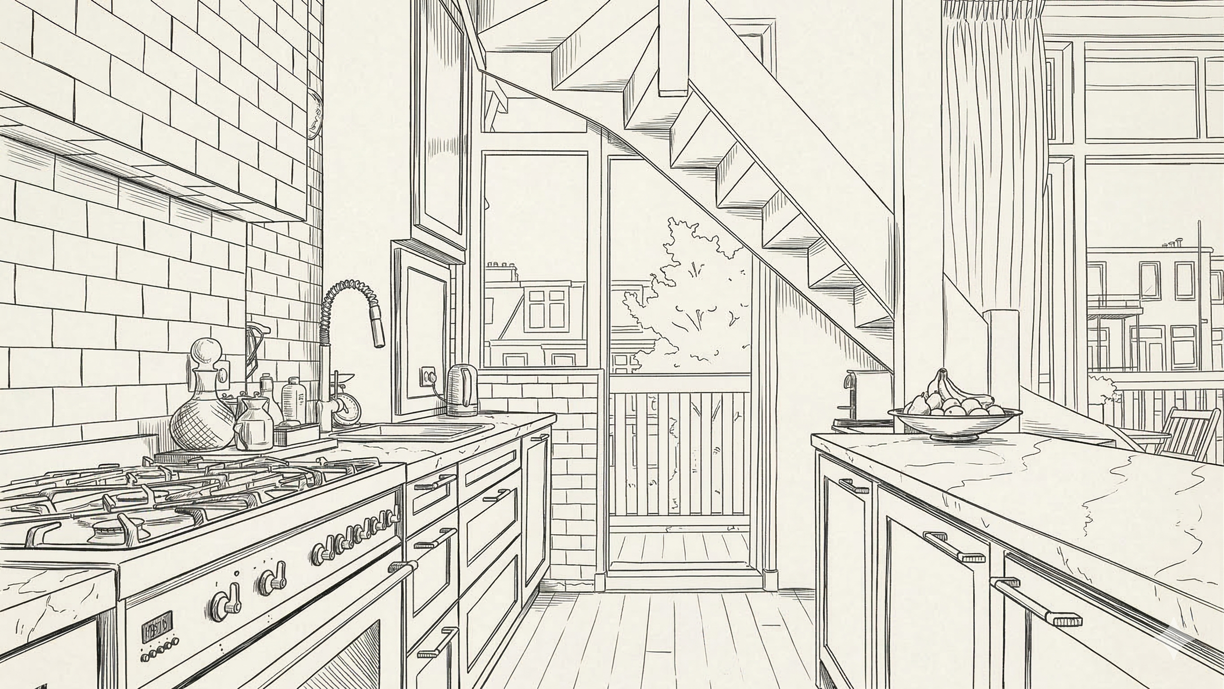 Line drawing of a modern kitchen with a brick wall, windows, and a view of neighboring buildings outside. Features include a stove, sink, countertops, a bowl of fruit, and a staircase leading upstairs.