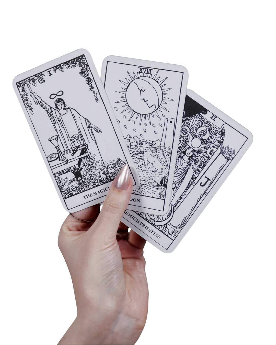 Hand holding three tarot cards, including The Magician, The Moon, and The High Priestess.