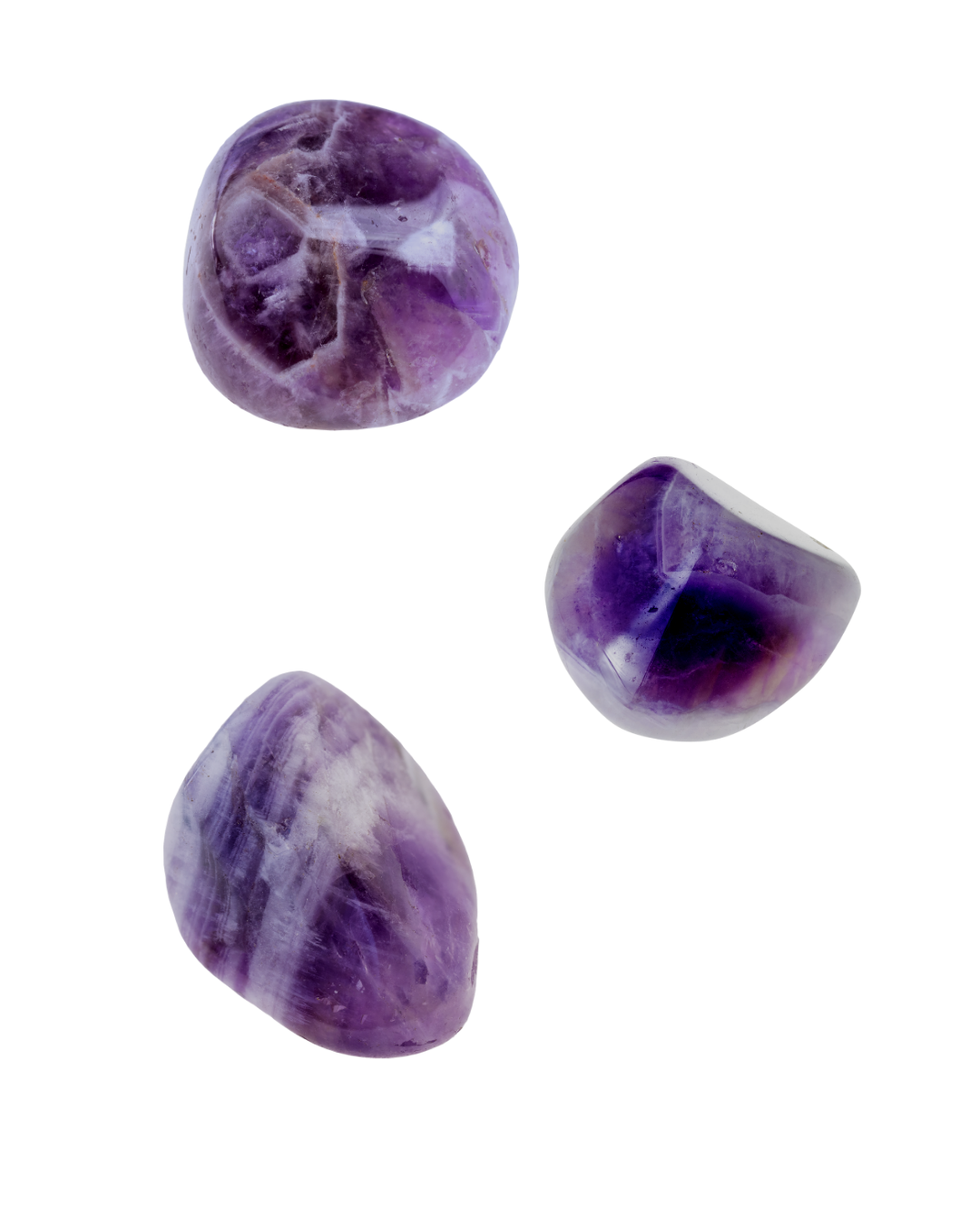 Three polished amethyst stones with white and darker purple streaks.
