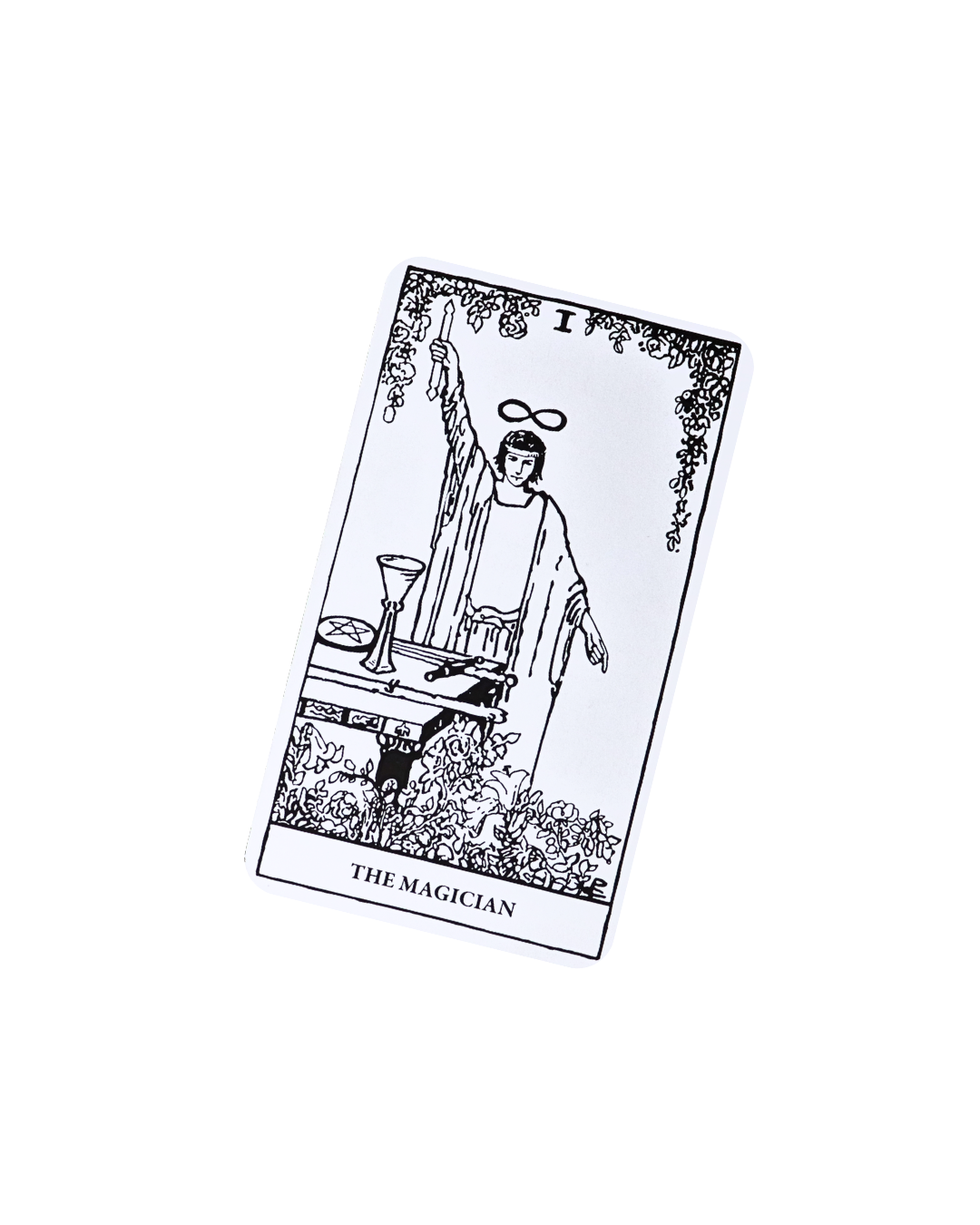 Black and white illustration of The Magician tarot card, depicting a person with one arm raised holding a wand, surrounded by various symbols, with flowers at the bottom.
