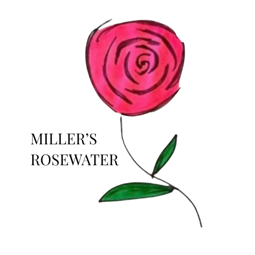 Illustration of a pink rose with green leaves and the text 'Miller's Rosewater'.
