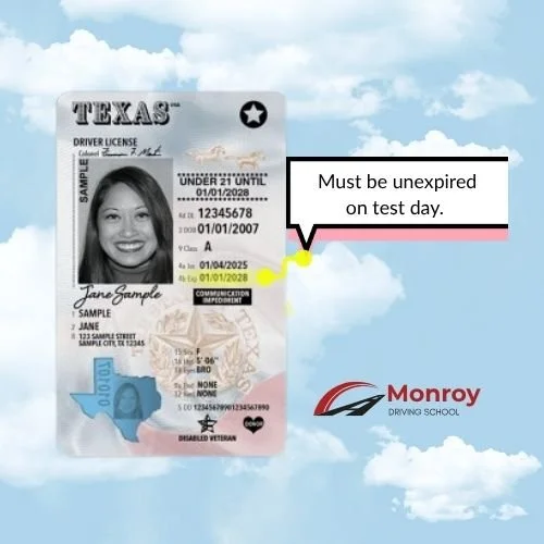 Texas driver license with a photo of a woman, notes about test day, and Monroy Driving School logo, all against a background of clouds.