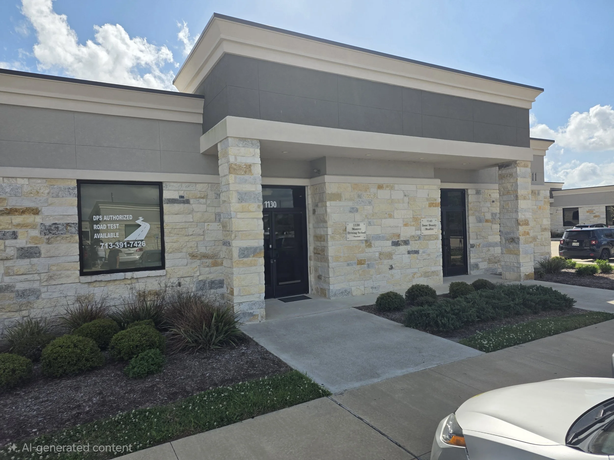 A commercial building with stone and beige siding exterior, glass doors, and surrounding landscaping including shrubs and small plants, under a partly cloudy sky.