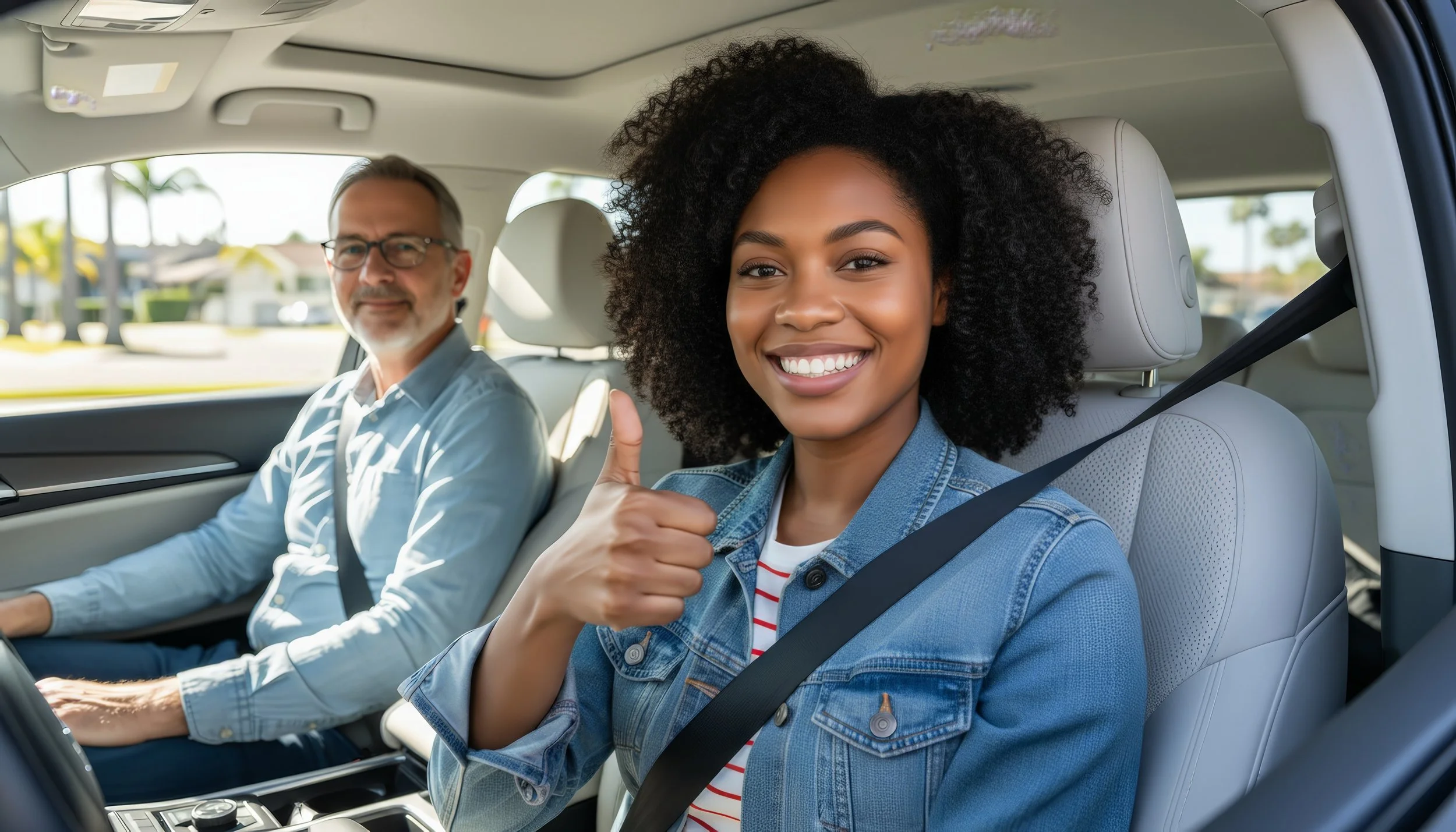 A young woman with curly hair giving a thumbs-up smiling in the front passenger seat of a car, with an older man in glasses in the driver's seat.