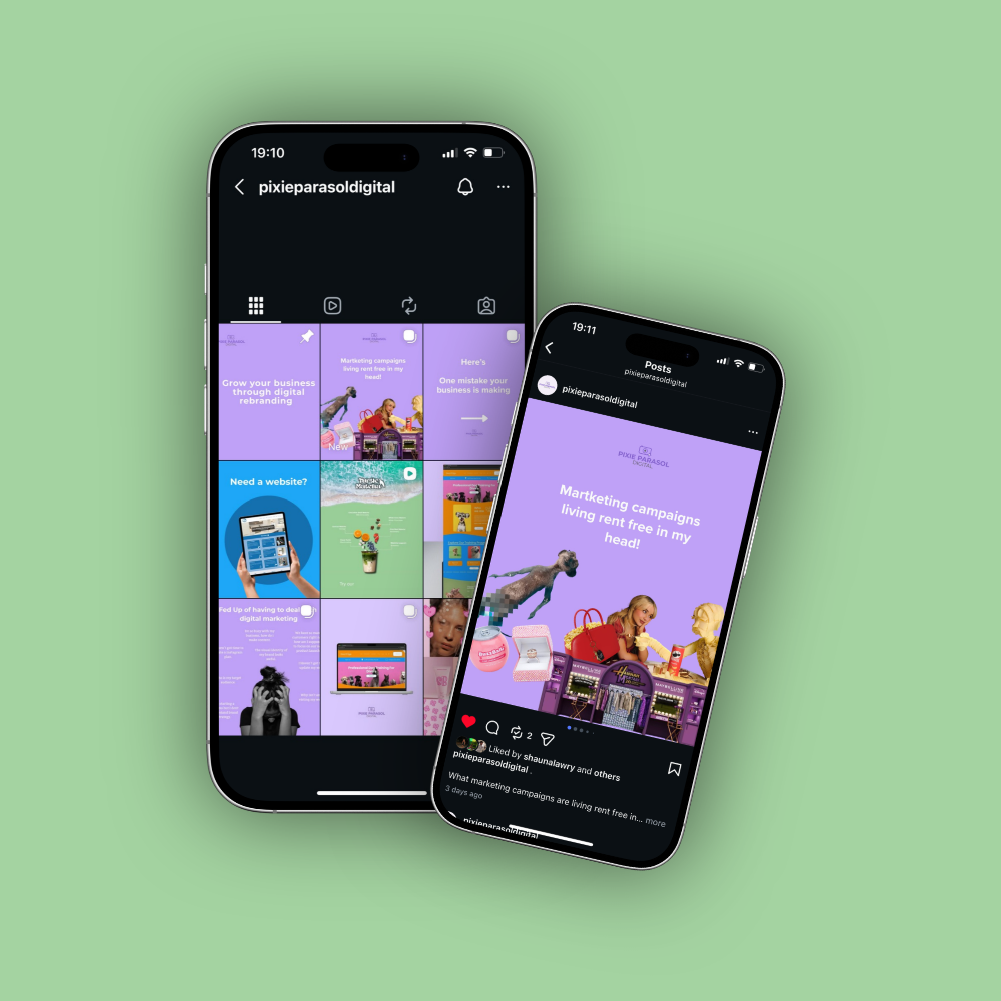 Two smartphones displaying social media posts and a grid of digital marketing images against a green background.