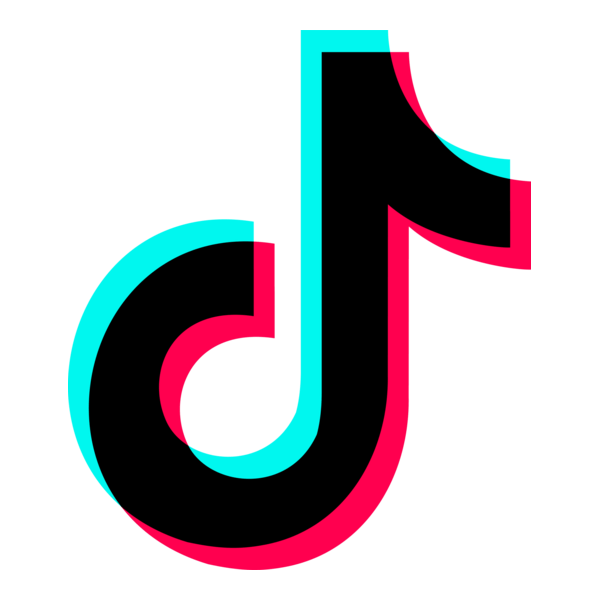 TikTok logo with black, cyan, and pink colors.