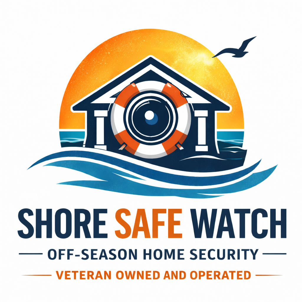 Logo for Shore Safe Watch, an off-season home security service operated by veterans. The logo features a house with a life preserver in front of it, set against a sunset or sunrise with a seagull flying overhead and ocean waves at the bottom.