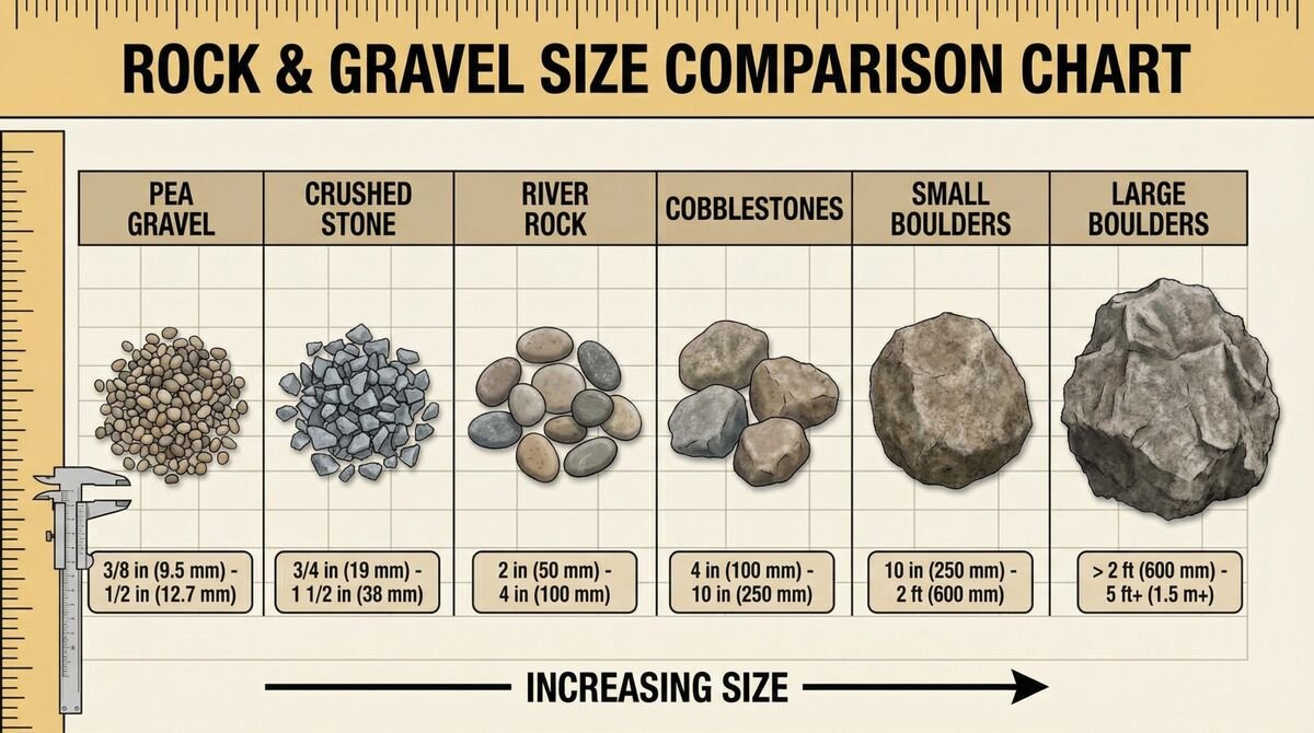 A rock and gravel size comparison chart showing six categories: pea gravel, crushed stone, river rock, cobblestones, small boulders, and large boulders. Each category has an image and size measurements in inches and millimeters, ranging from 3/8 inch to over 2 feet.