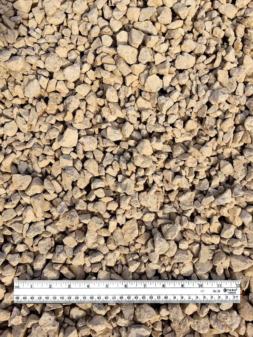 A large number of small, irregularly shaped beige gravel stones with a measuring ruler placed underneath for scale.