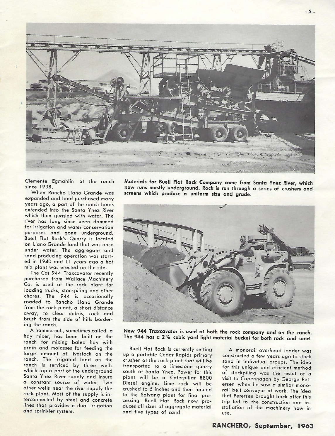 Black and white photograph from September 1963 showing machinery at the Buell Flat Rock quarry, including a conveyor system, a bulldozer, and construction workers operating equipment.