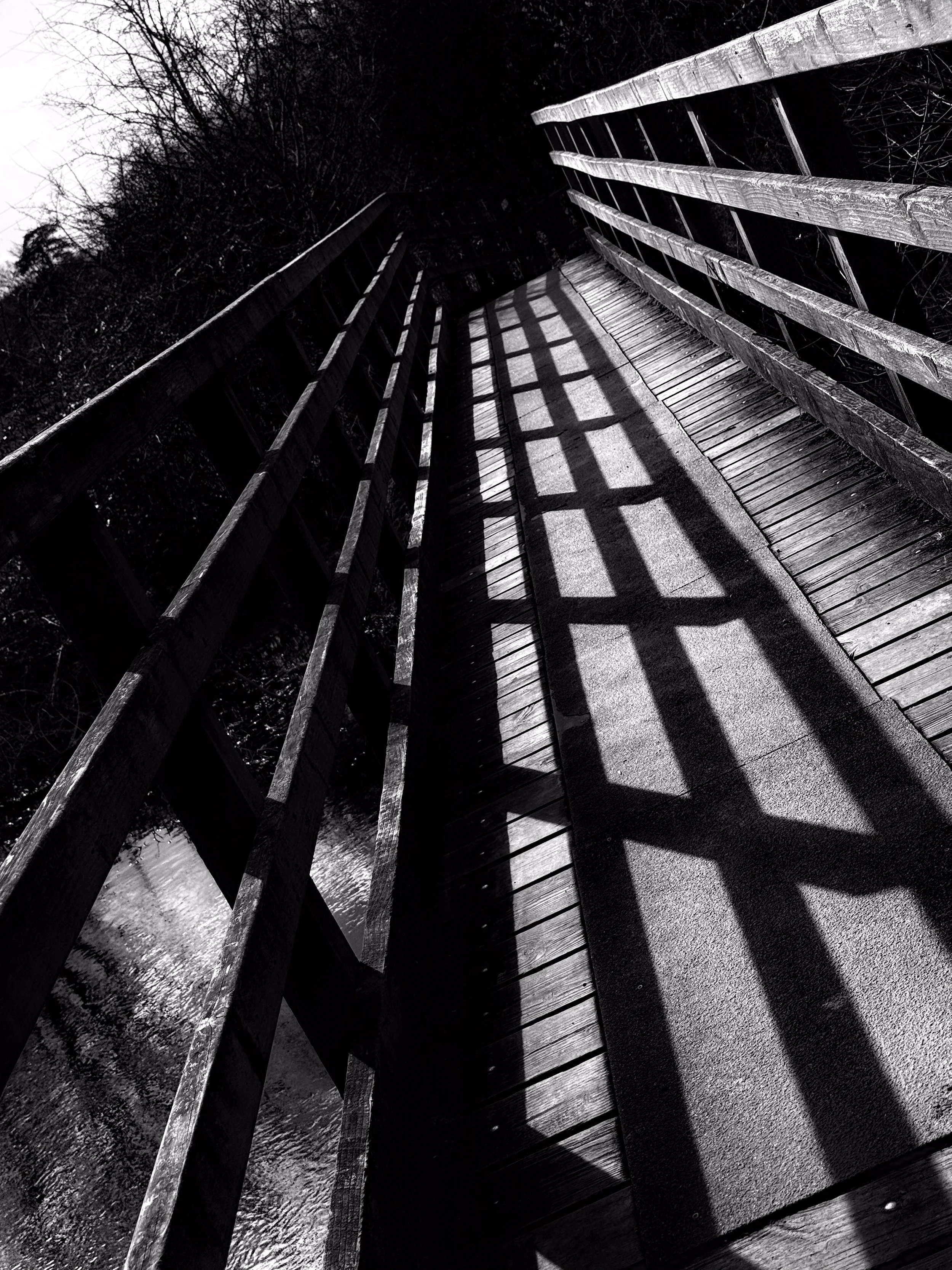 Black and white photo of a wooden footbridge with railings, showing shadows cast by the railings onto the walkway, with trees in the background.