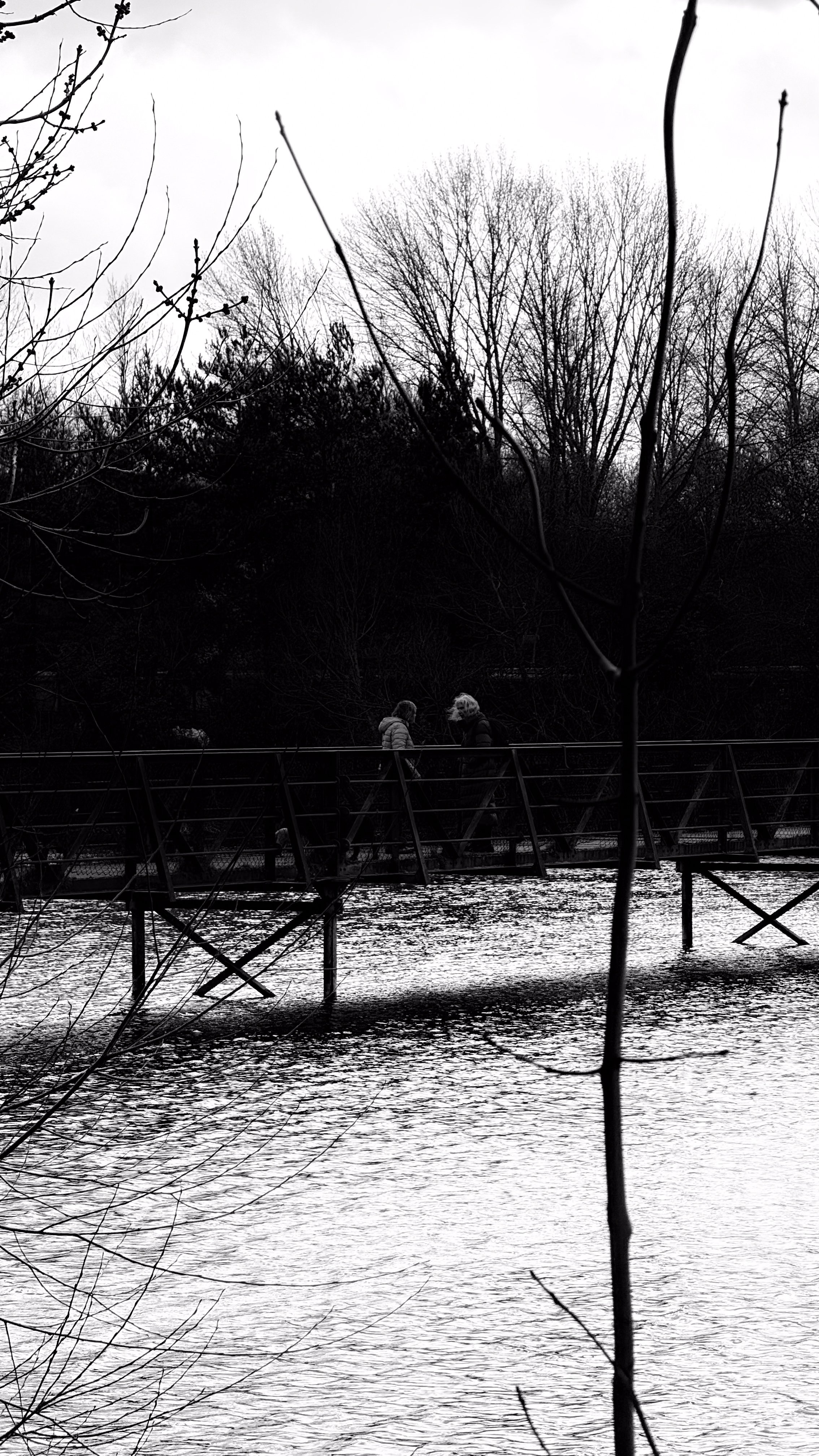 Black-and-white photo of two people walking on a metal bridge over a body of water, with bare trees in the background.
