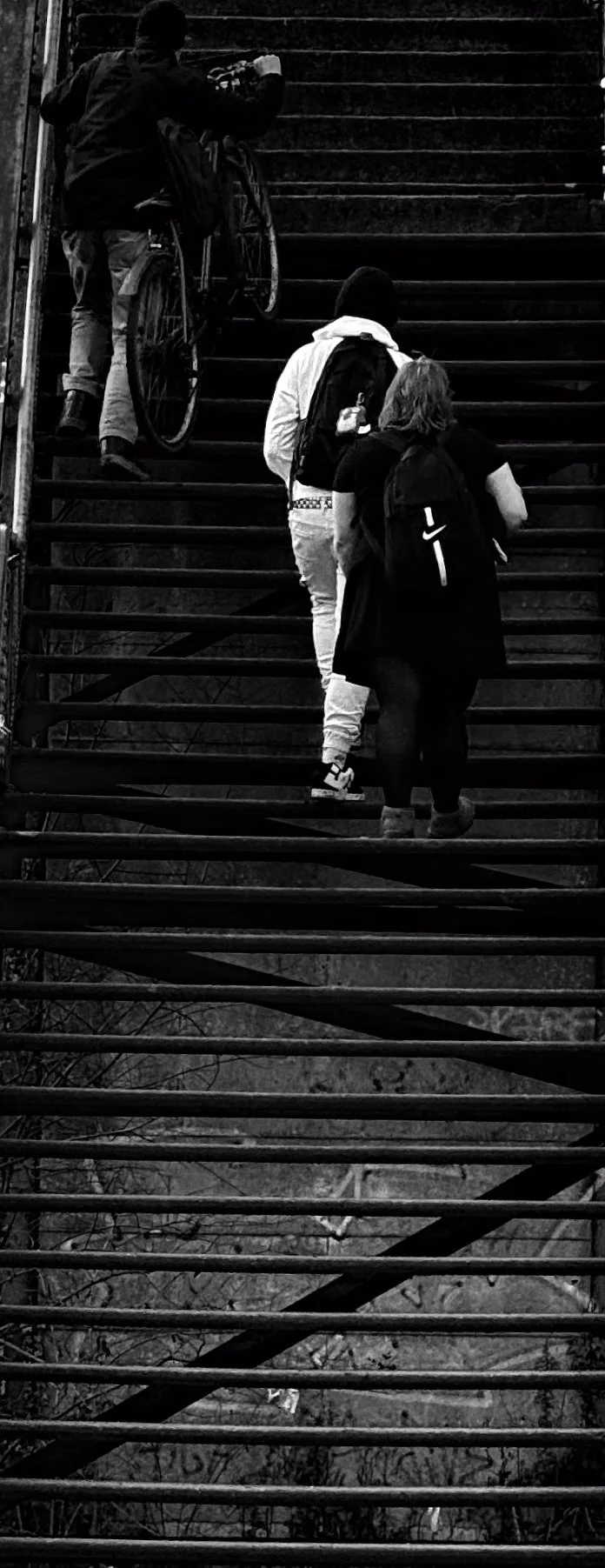 Three people walking up a staircase, with one person holding a bicycle.