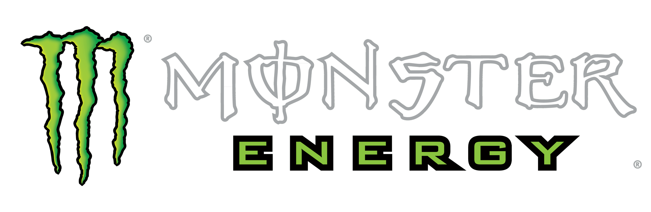 Monster Energy logo featuring a stylized green claw mark and the words "Monster Energy" in gray and black text.