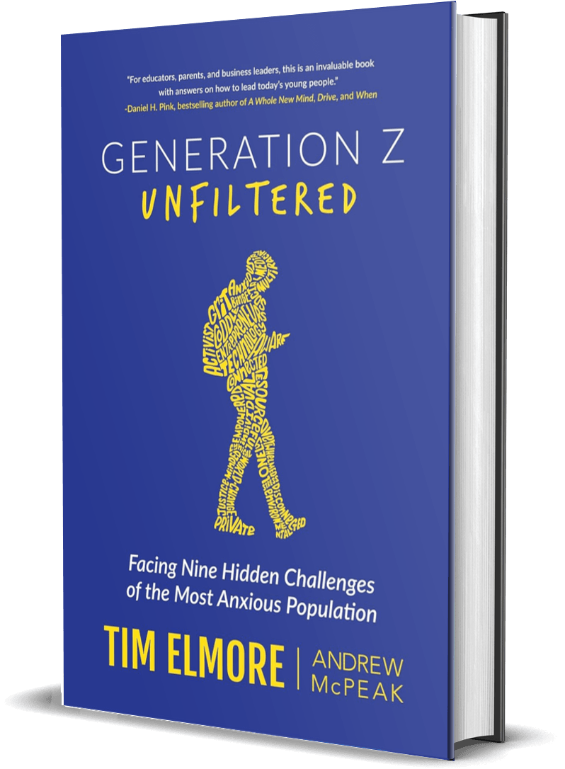 Book cover for '@Generation Z Unfiltered' by Tim Elmore and Andrew McPeak, with a blue background and a yellow silhouette of a person made up of words.