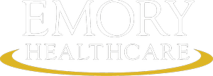 Emory Healthcare logo with black background and white text, featuring a yellow curved line beneath 'Healthcare'.