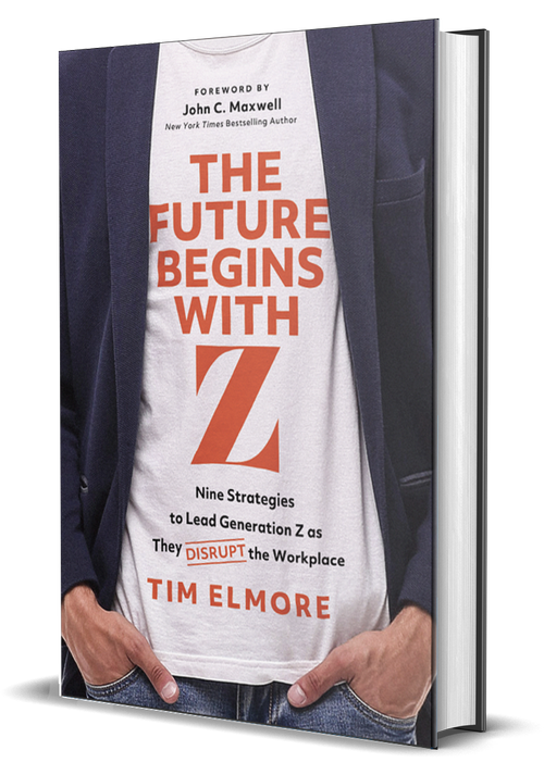 Book titled 'The Future Begins With Z' by Tim Elmore, with a person wearing a T-shirt and blazer showing the title and subtitle about strategies to lead Generation Z in the workplace.