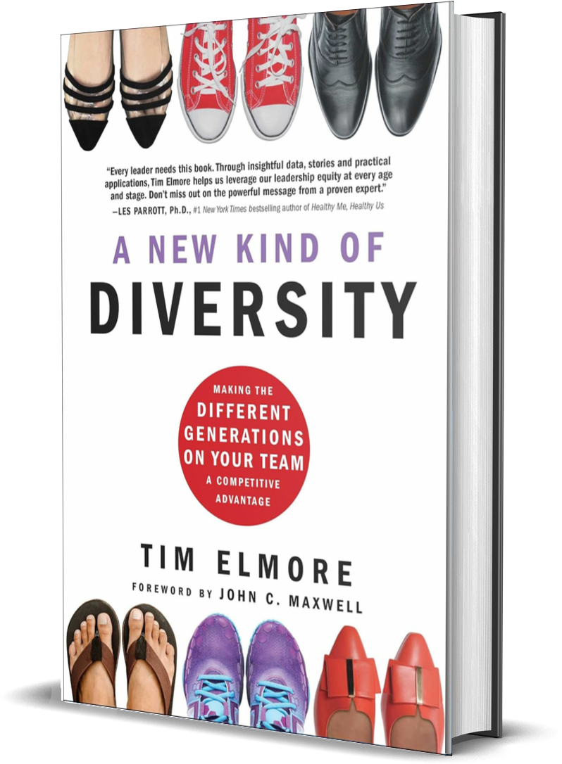 Book cover titled "A New Kind of Diversity" by Tim Elmore, with images of various shoes at the top and bottom of the cover, and a red circle in the middle with additional text.