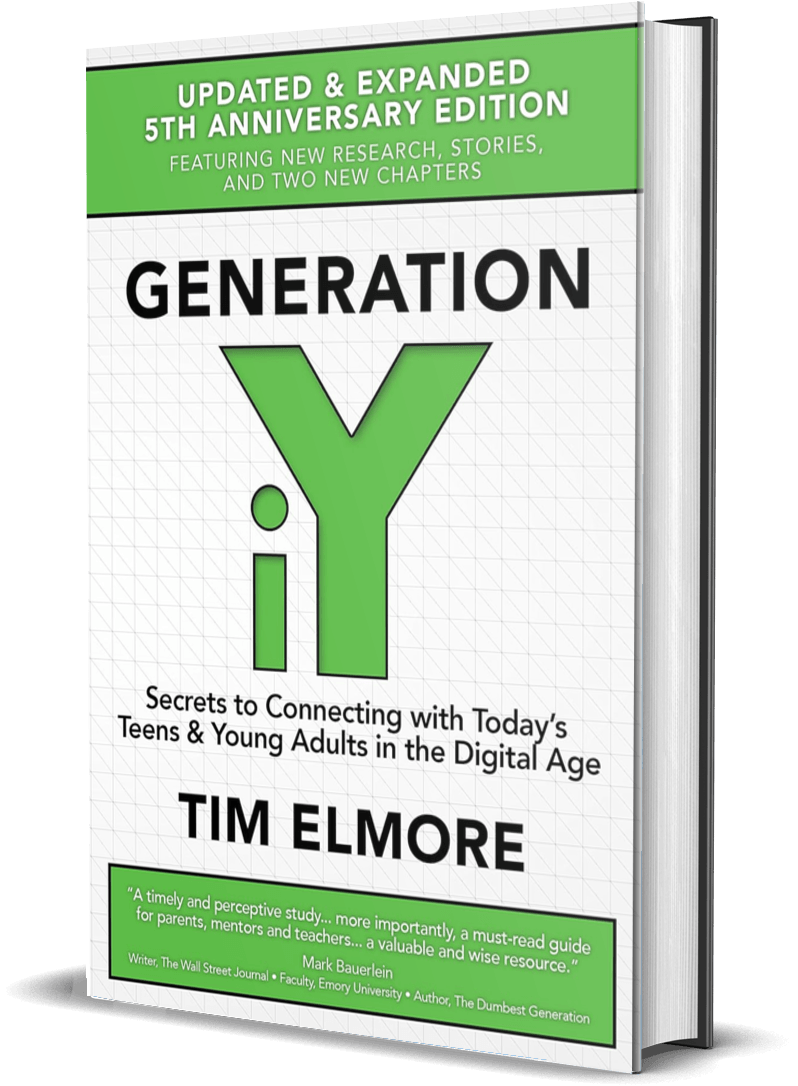 Book titled 'Generation Y' with subtitle 'Secrets to Connecting with Today's Teens & Young Adults in the Digital Age,' authored by Tim Elmore, celebrating its 5th anniversary edition. The cover features green and black text on a white background with a green banner at the top.