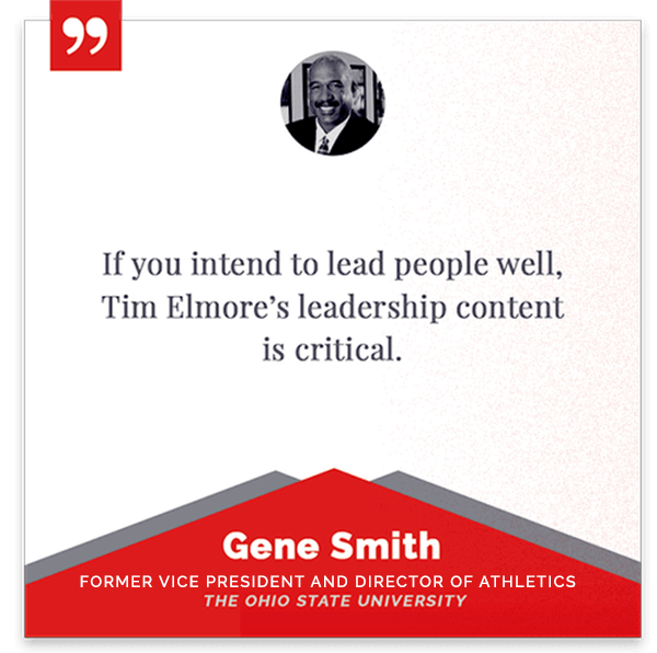 Quote about leadership by Tim Elmore with a photo of a man at the top, and a red banner at the bottom with the name 'Gene Smith,' referencing his former role as Vice President and Director of Athletics at Ohio State University.
