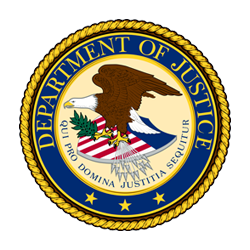 The seal of the U.S. Department of Justice featuring an eagle, shield, and scales of justice.