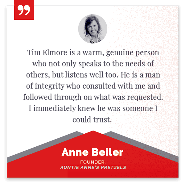 Testimonial quote praising Tim Elmore, a photo of a woman with short, wavy hair, and a red banner with Anne Beiler's name and her role as founder of Auntie Anne's Pretzels.