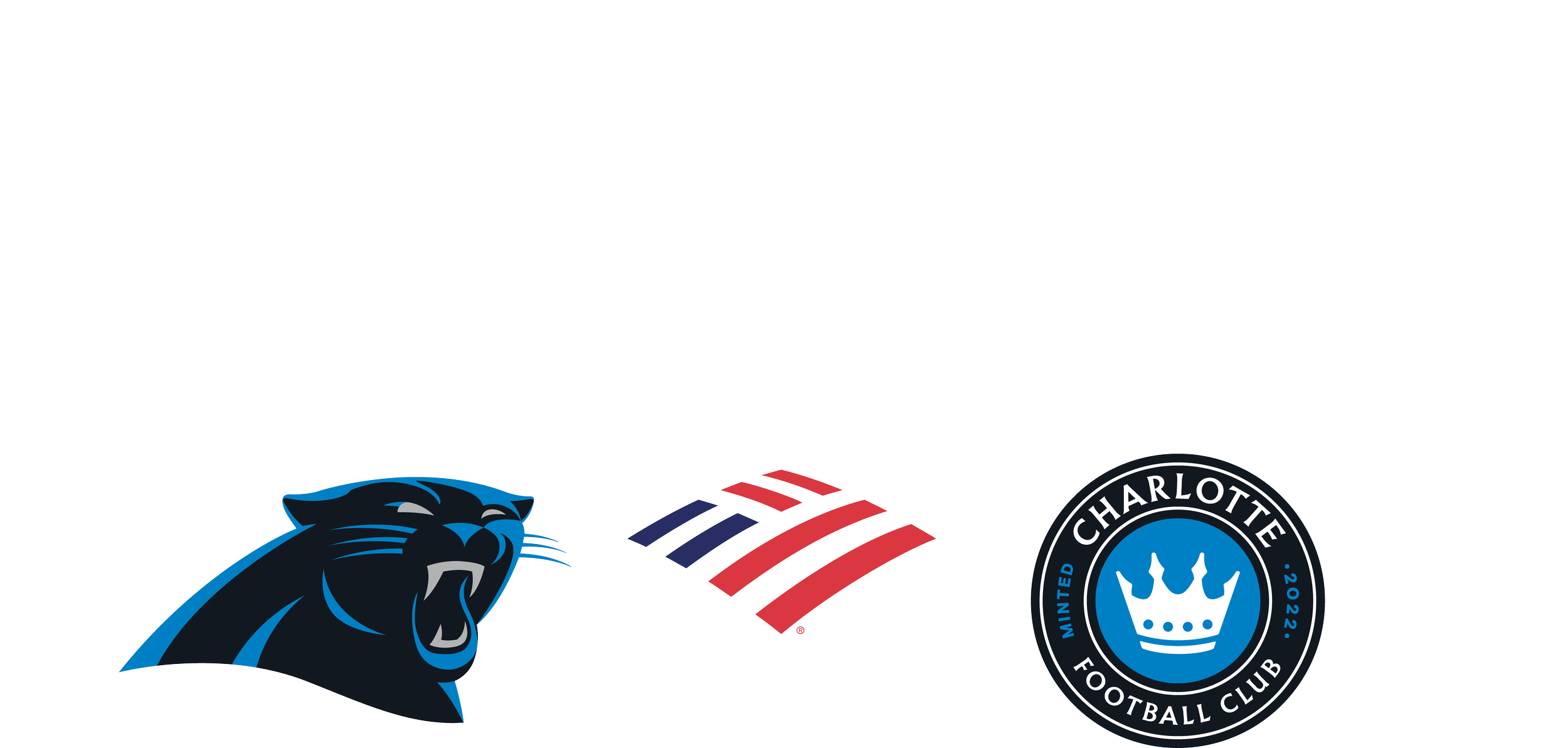 Logo of the Carolina Panthers on the left, fictional American football uniform with red, white, and blue stripes in the middle, and the Charlotte Football Club badge on the right.