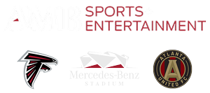 Logos of sports and entertainment companies including AMB Sports + Entertainment, Mercedes-Benz Stadium, Atlanta United FC, and Atlanta Falcons.