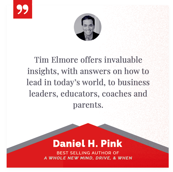 Quote card featuring a black-and-white photo of Tim Elmore at the top. The quote reads: "Tim Elmore offers invaluable insights, with answers on how to lead in today's world, to business leaders, educators, coaches and parents." A red and gray geometric banner at the bottom highlights Daniel H. Pink as the author of "A Whole New Mind, Drive, & When".