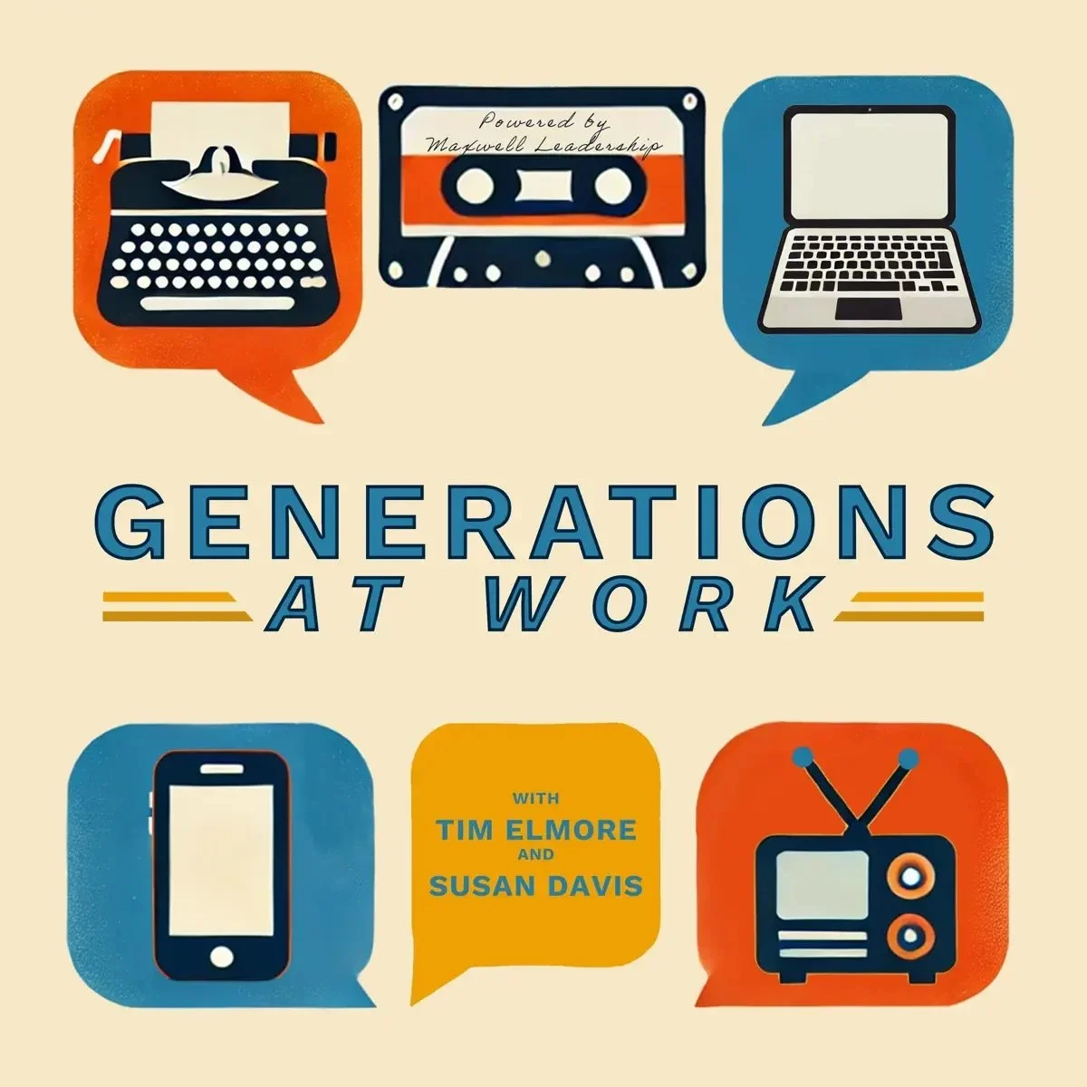 Cover of the book titled "Generations at Work" featuring icons of a typewriter, cassette tape, laptop, smartphone, and vintage television, with authors' names Tim Elmore and Susan Davis.