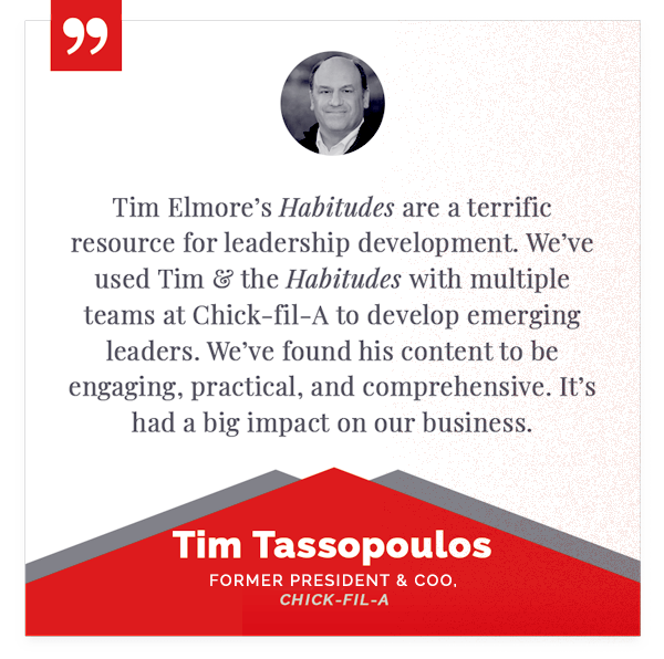Testimonial quote praising Tim Elmore's Habitudes resource for leadership development, with a headshot of Tim Elmore at the top, and a red and gray graphic with his name and title at the bottom.