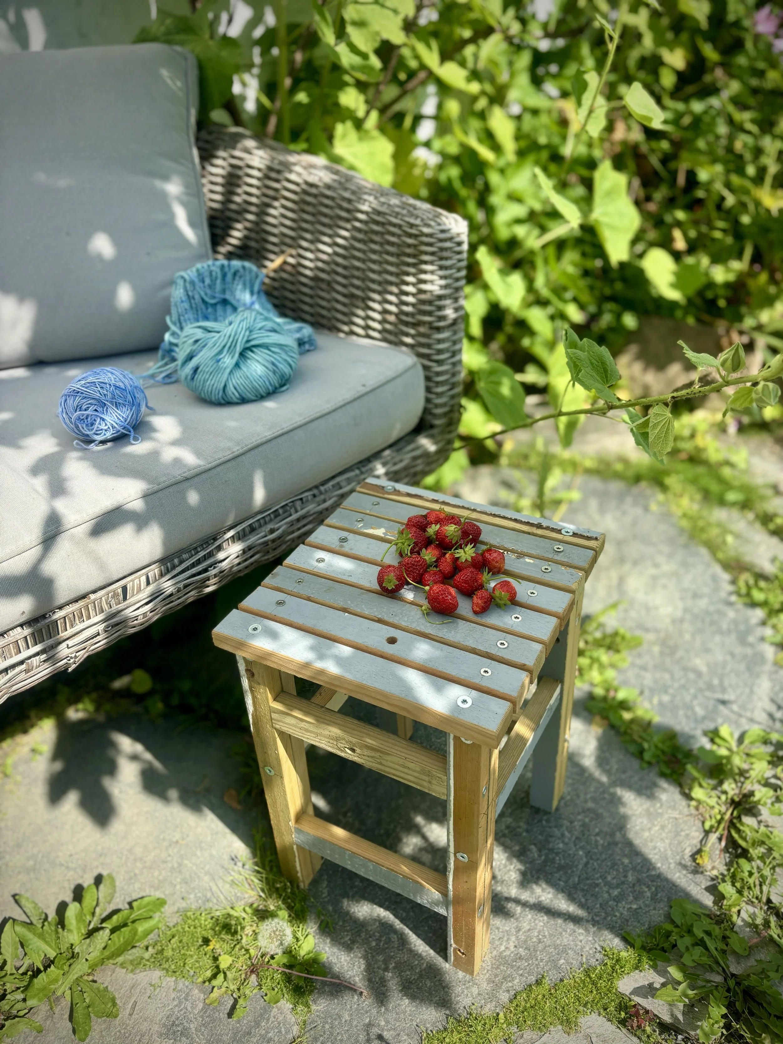 Et hagemøbel med puter, to baller av blått og turkis garn, og en liten trepall med jordbær på i en hage med grønne planter.