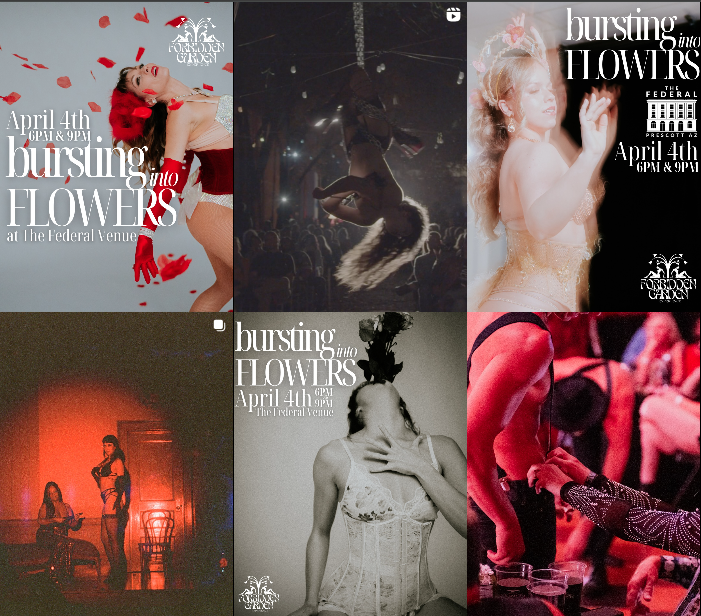 Collage of six images promoting a burlesque and cabaret event called "Bursting into Flowers" on April 4th at the Federal Venue. The images feature performers in costumes, some in dance poses, with event details overlaid on the photos.