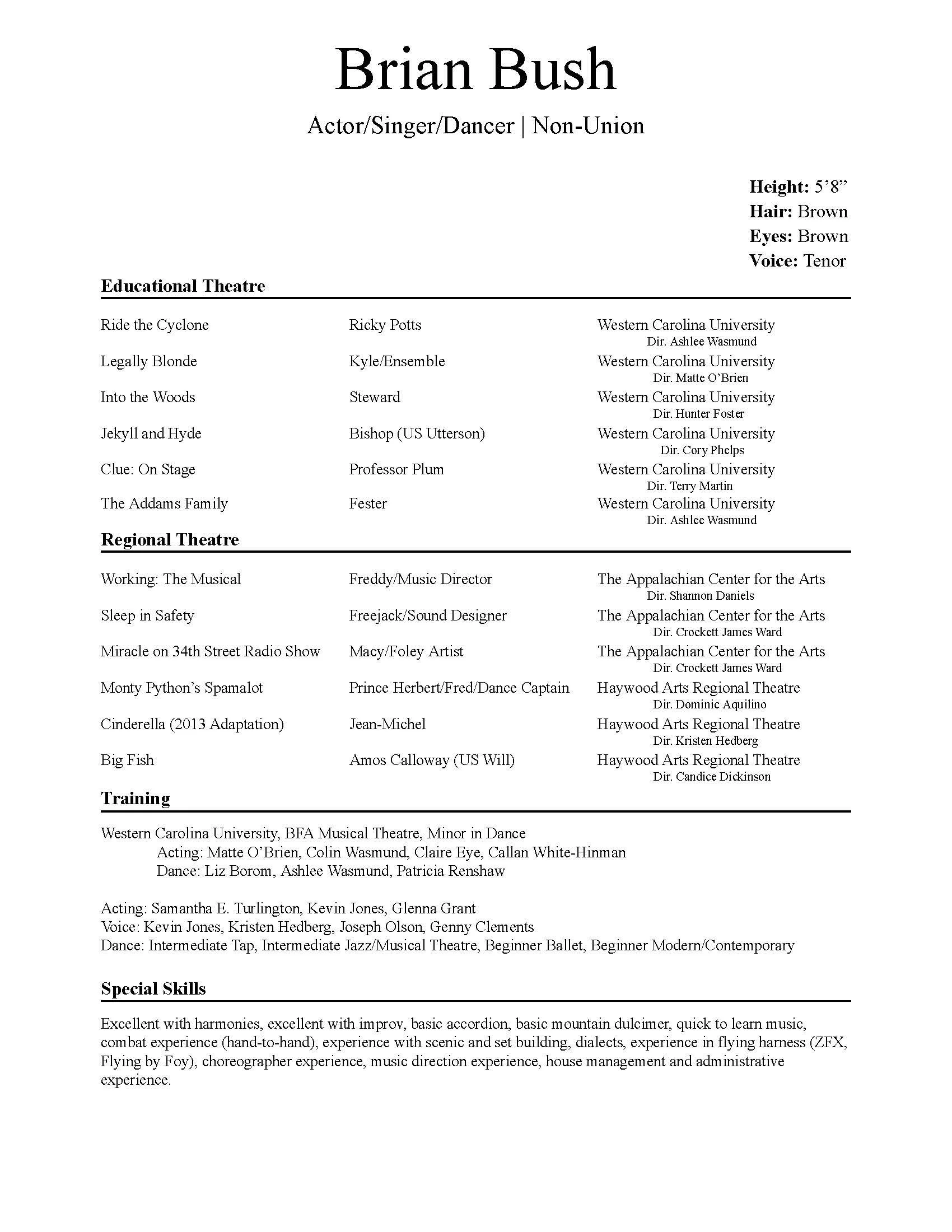 Resume or CV of Brian Bush, Actor/Singer/Dancer, non-union, with personal details and list of educational theatre, regional theatre, and training experience from Western Carolina University and the Appalachian Center for the Arts.