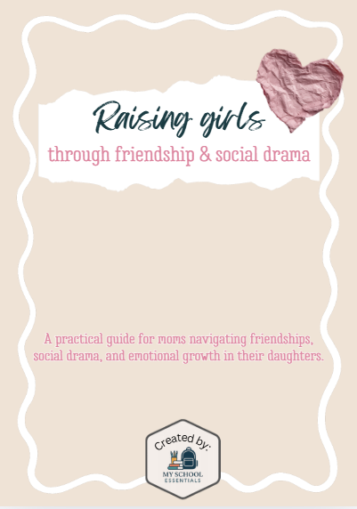 Product mockup of the "Raising Girls Through Friendship & Social Drama" printable PDF guide, featuring a 9-page workbook with a healthy friendship checklist on a desktop background.